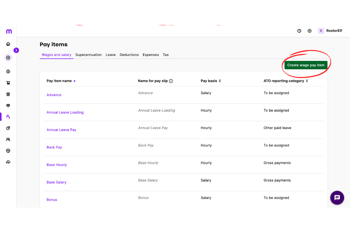 Payroll section in RosterElf
