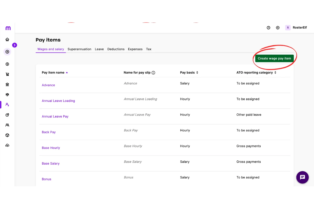 MYOB My Business Create Wage Pay Item button