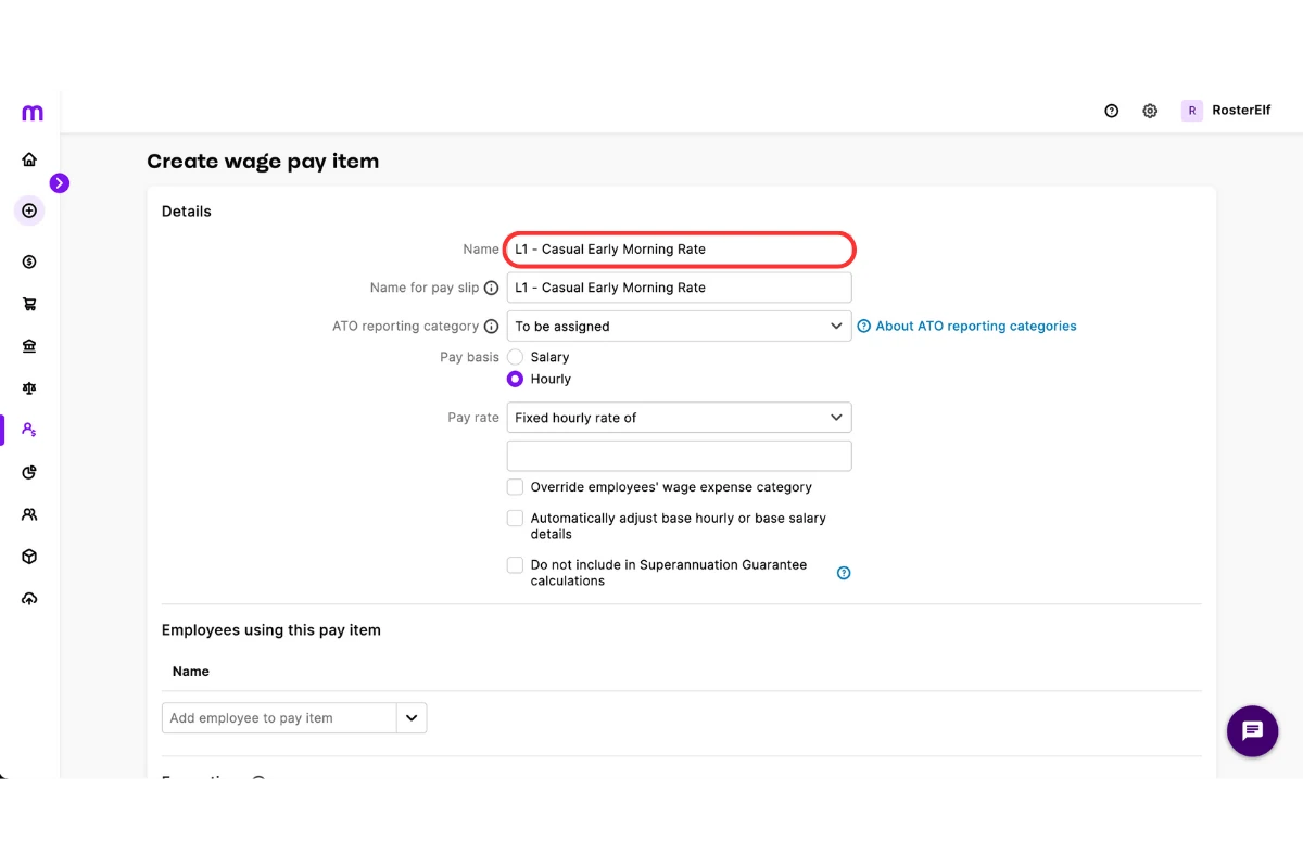 MYOB My Business new pay item form with the name field