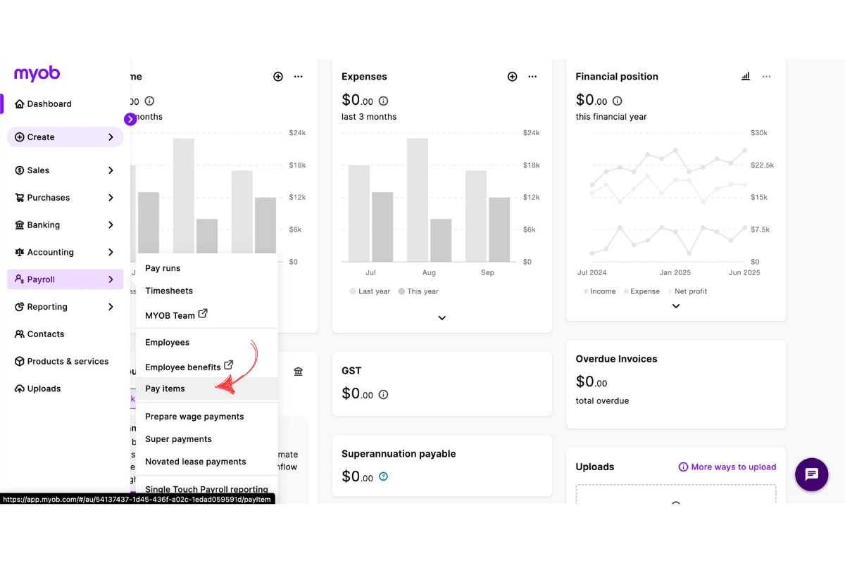 MYOB My Business Payroll menu with Pay items selected