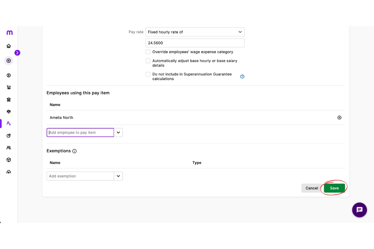 MYOB My Business pay item with the Save button to finish setup