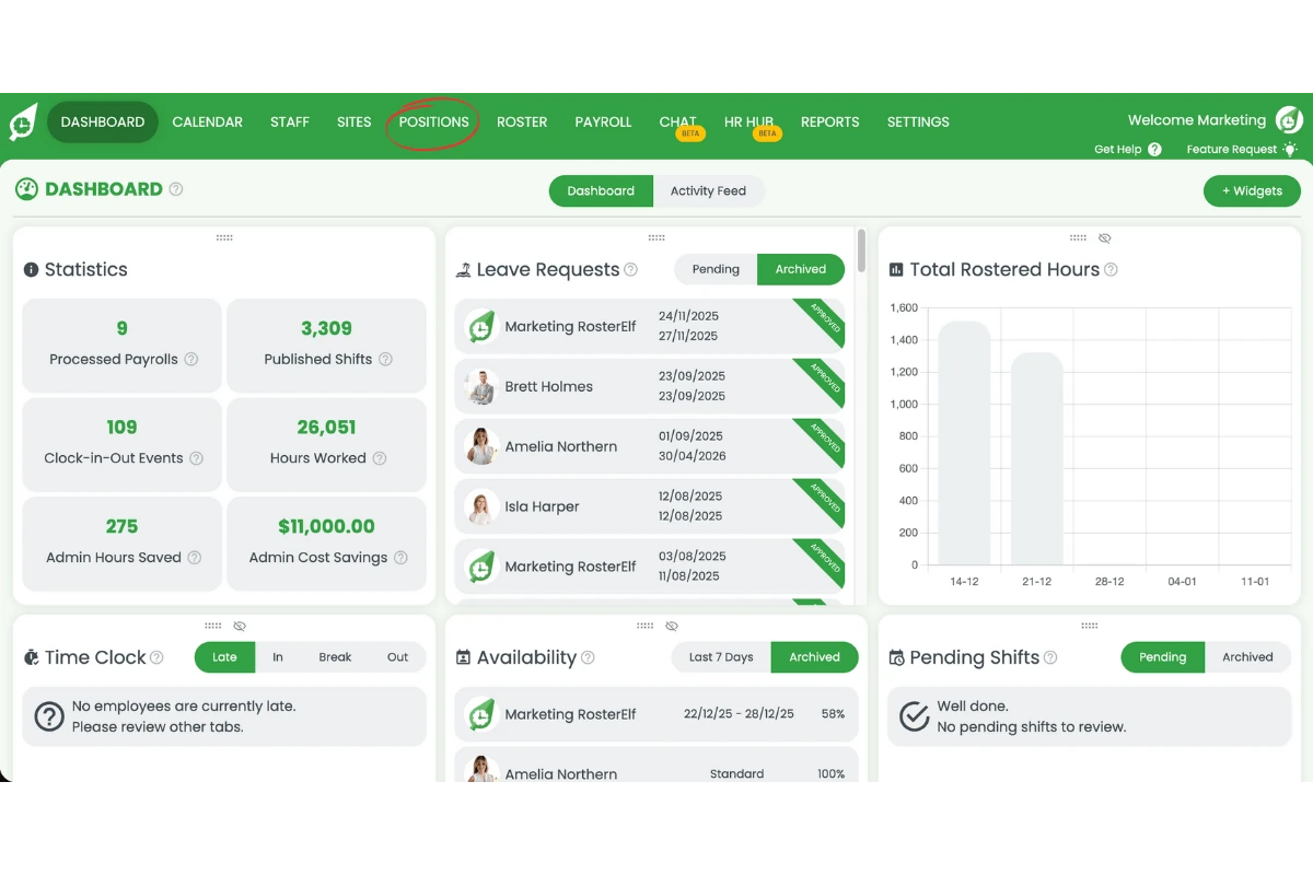 Positions tab in the main navigation