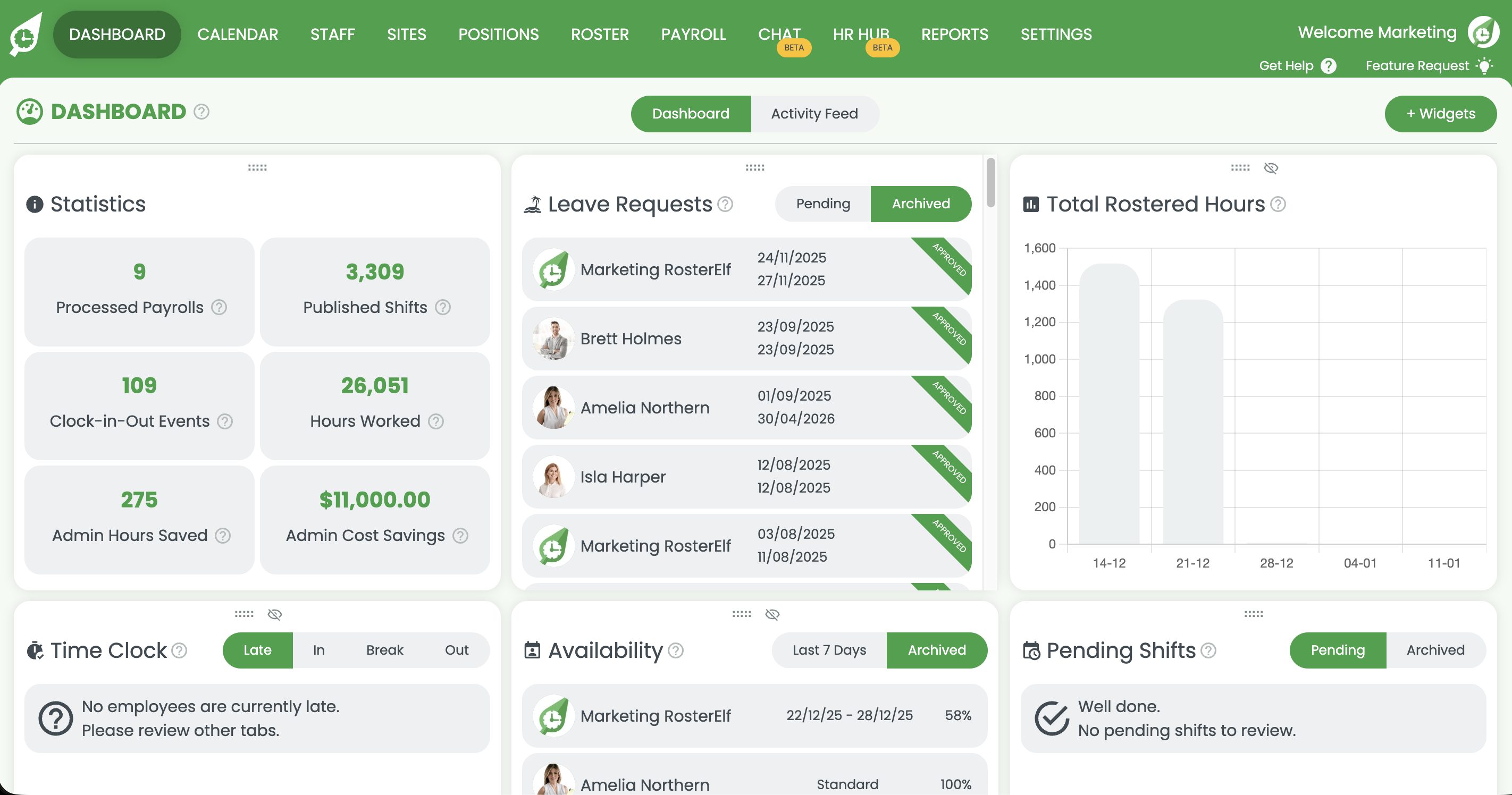 RosterElf dashboard home screen