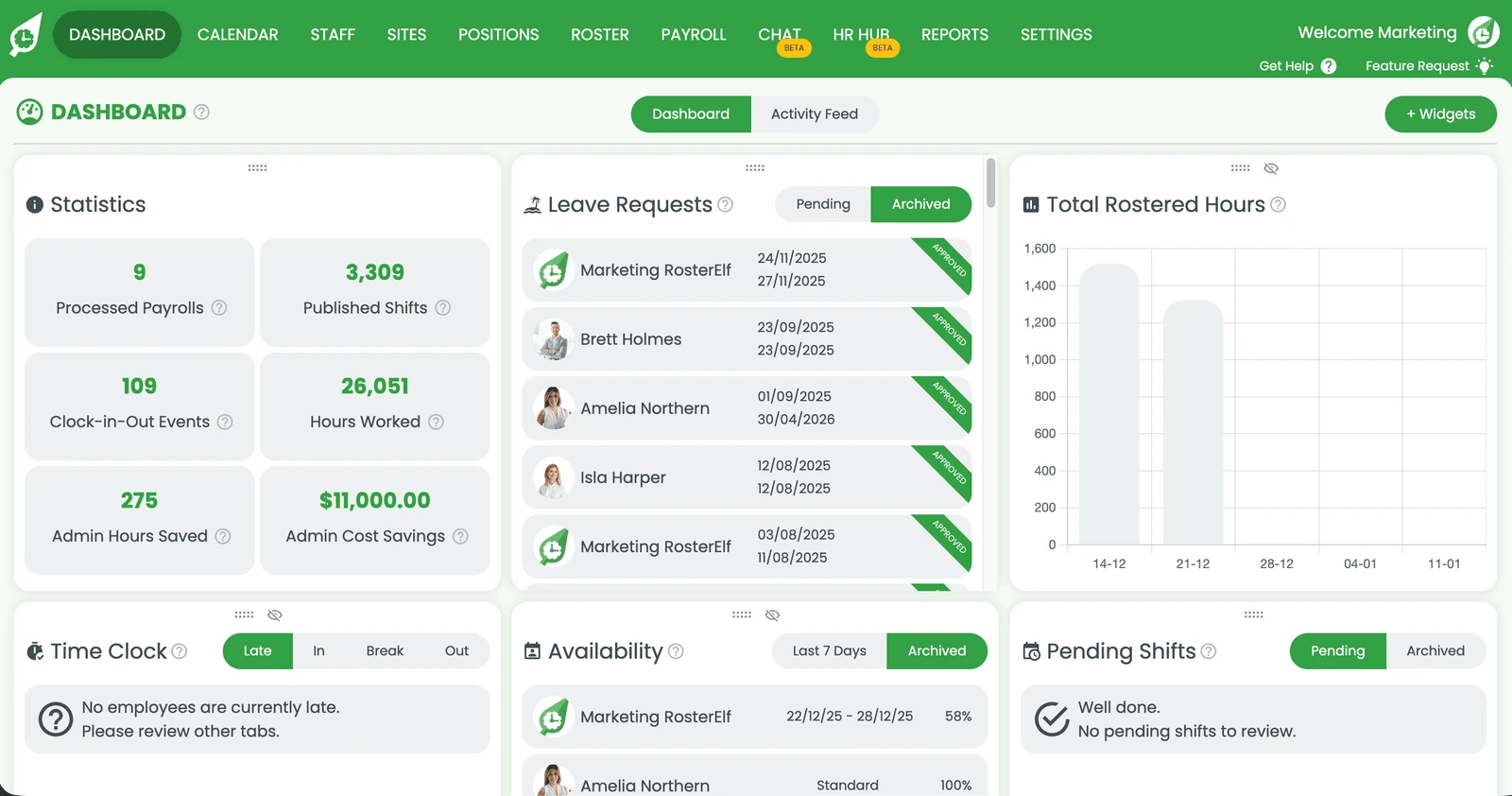 RosterElf dashboard home screen