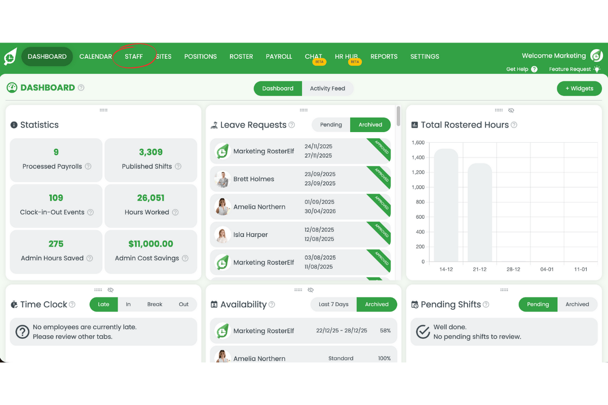 Staff tab in the main navigation
