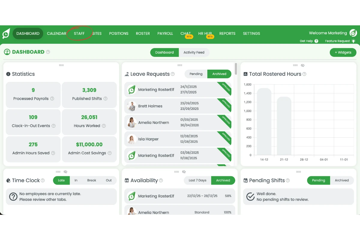Staff tab in the main navigation