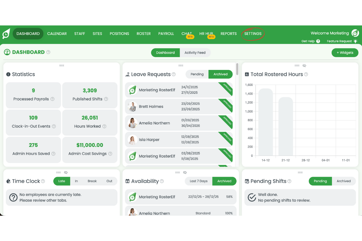 Settings option in the main navigation