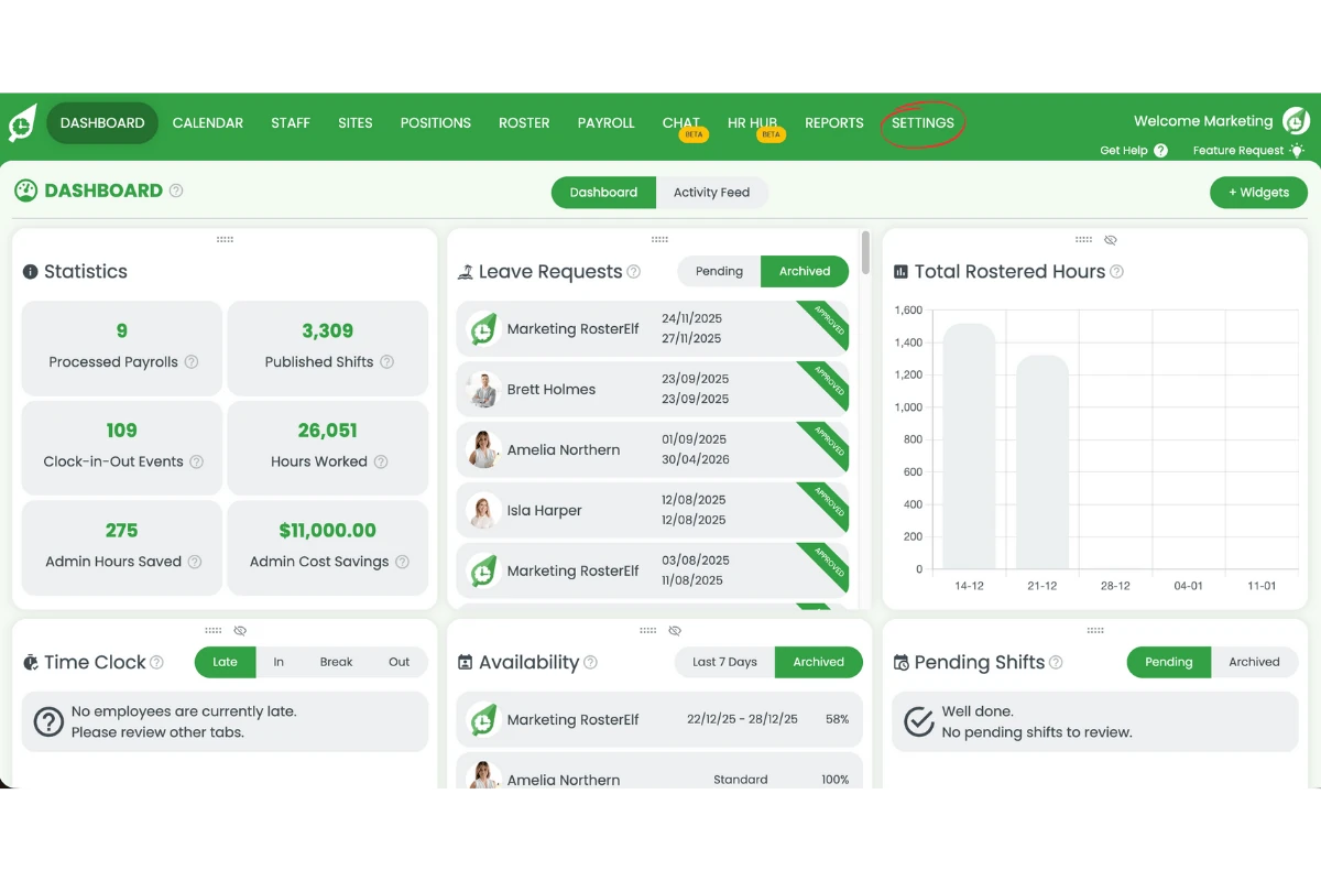 Settings option in the main navigation