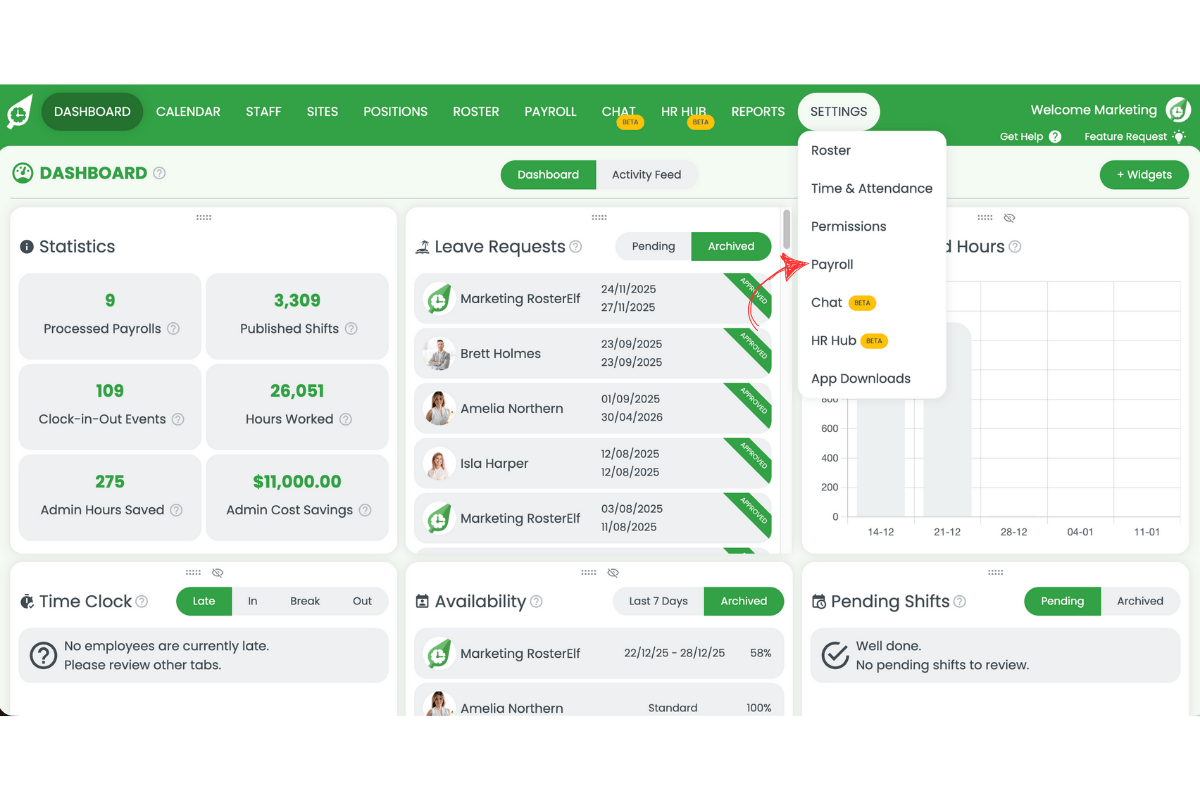Payroll option in the settings menu
