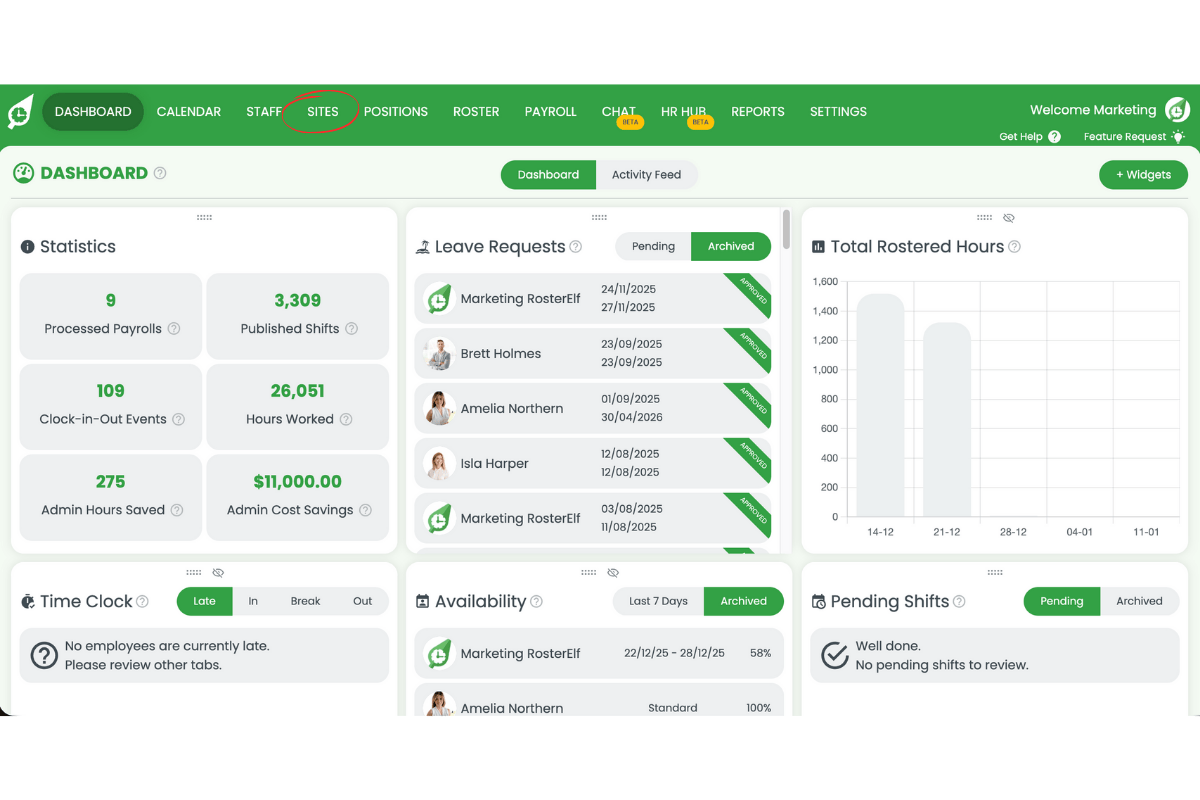 Sites tab in the main navigation