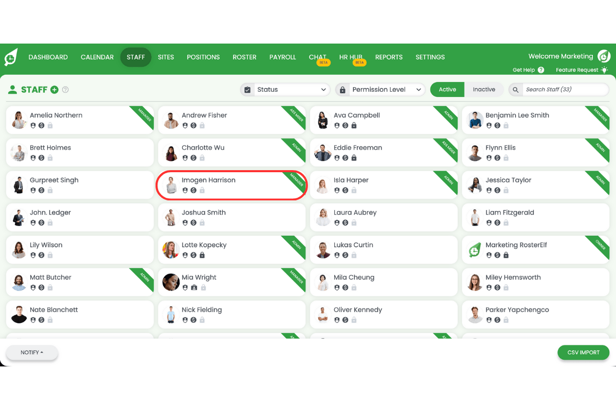 Staff member selection from the staff list
