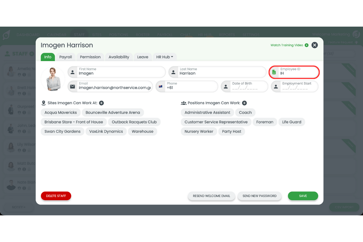 Staff ID field with Smartly ID entered