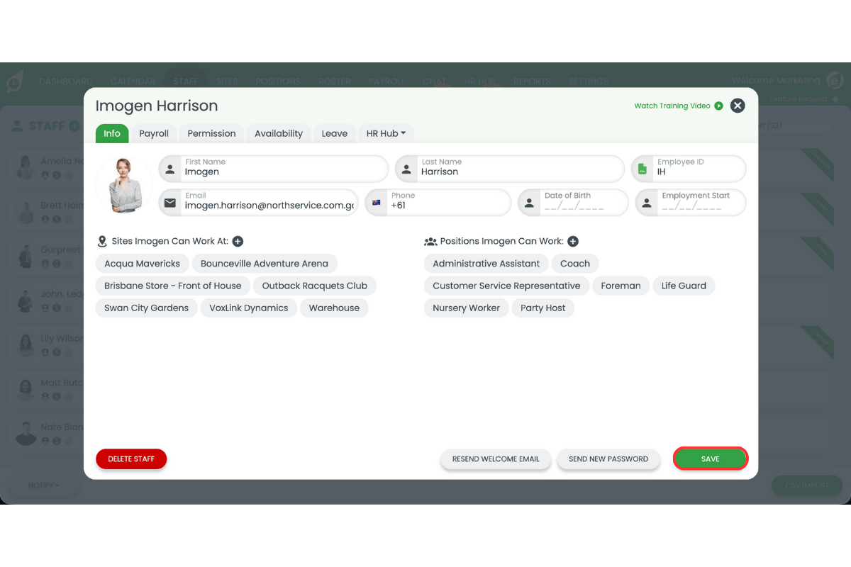 Save button to confirm staff ID changes