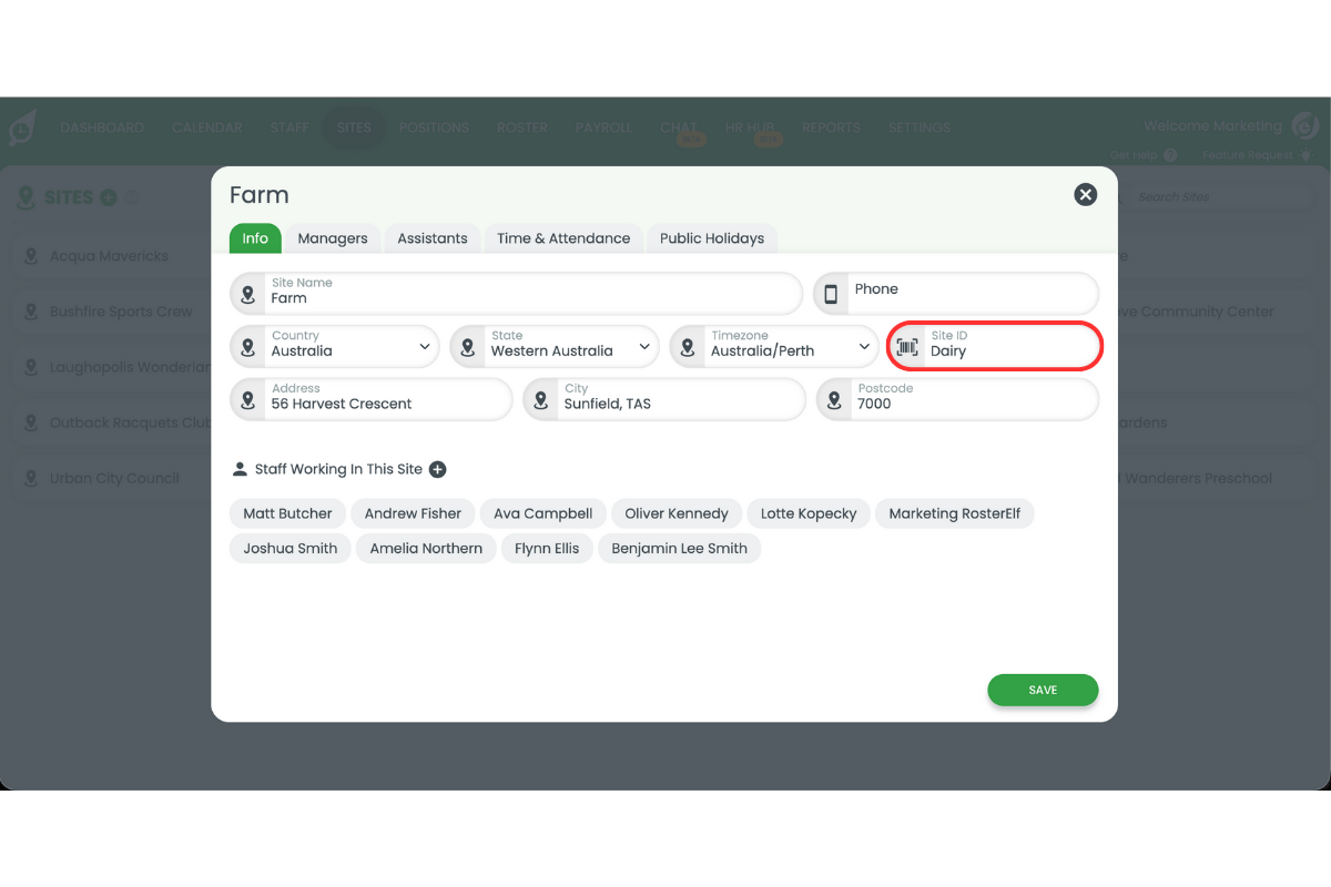 Site ID field showing Smartly department code entry