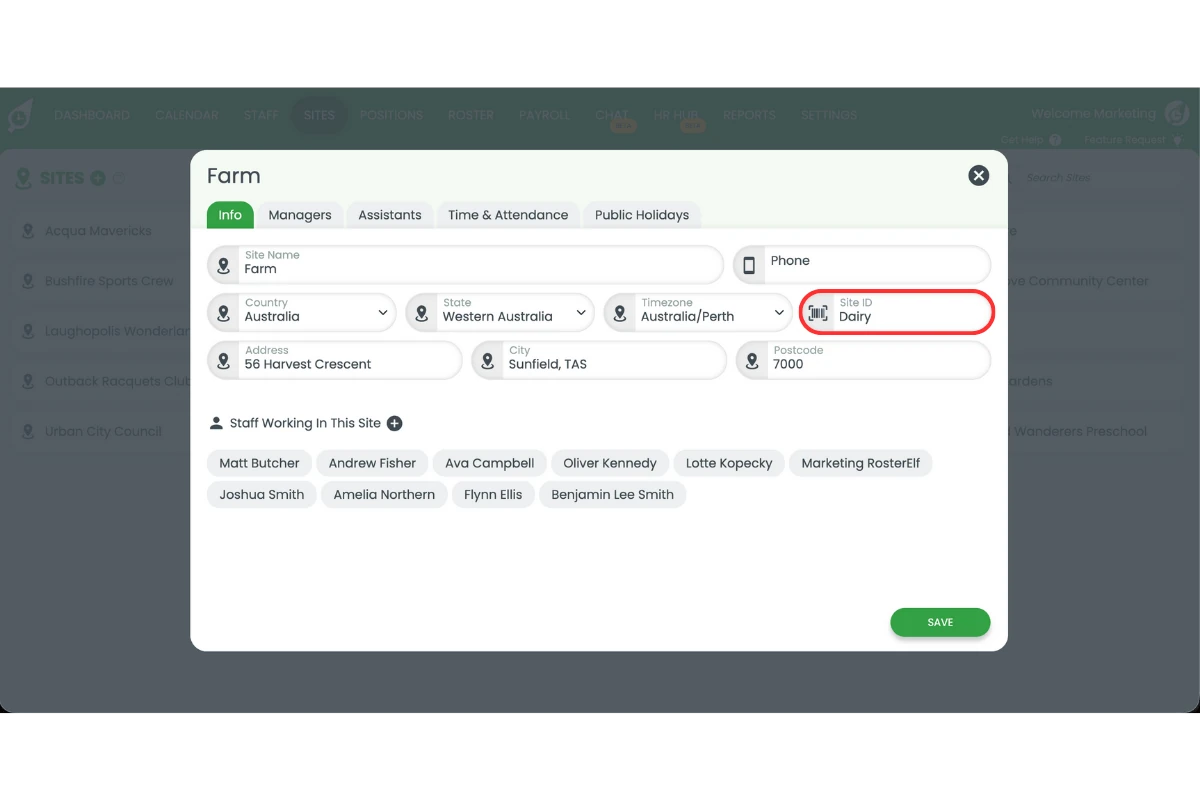 Site ID field showing Smartly department code entry