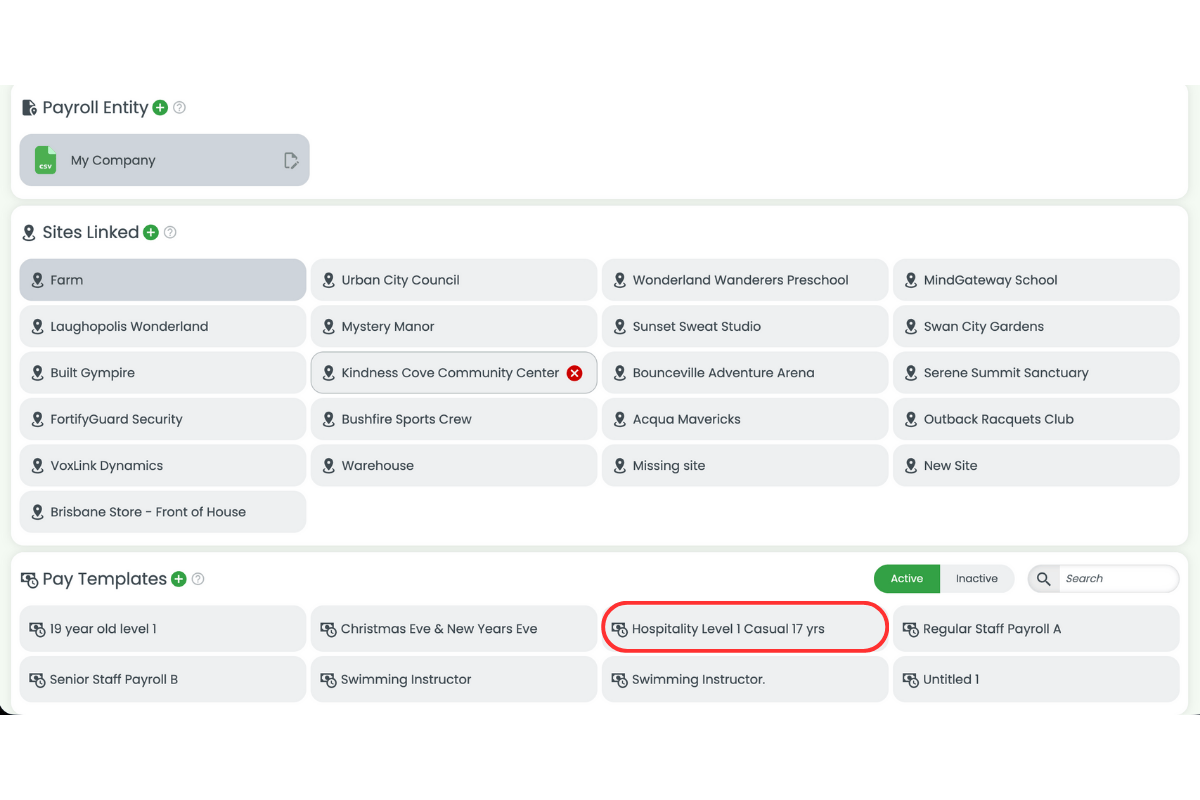 Pay template selection dropdown