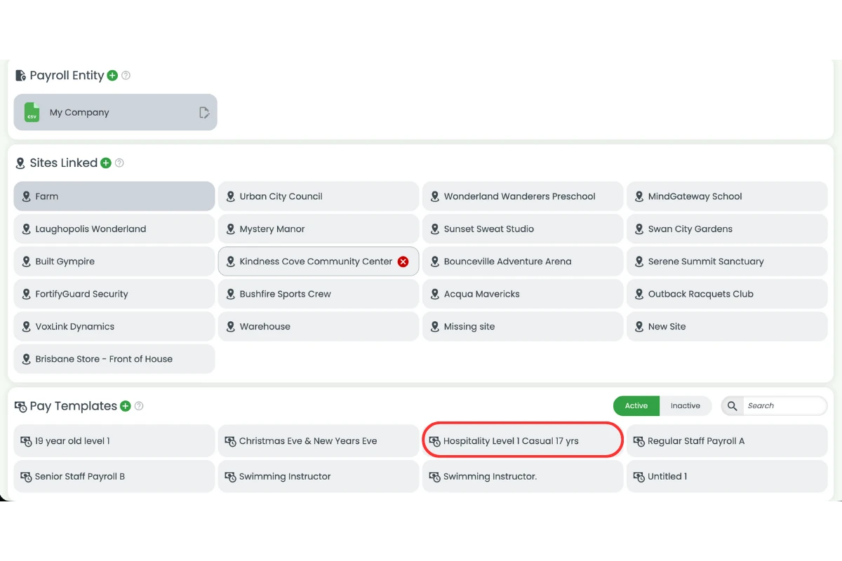 Pay template selection dropdown
