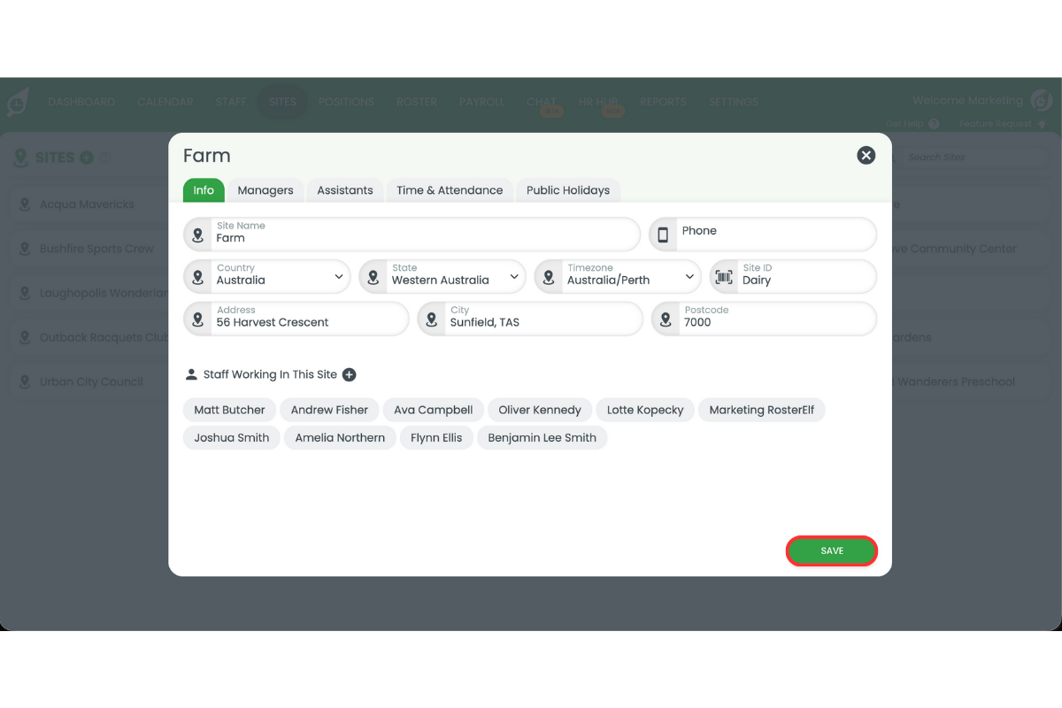 Save button to confirm site department code changes