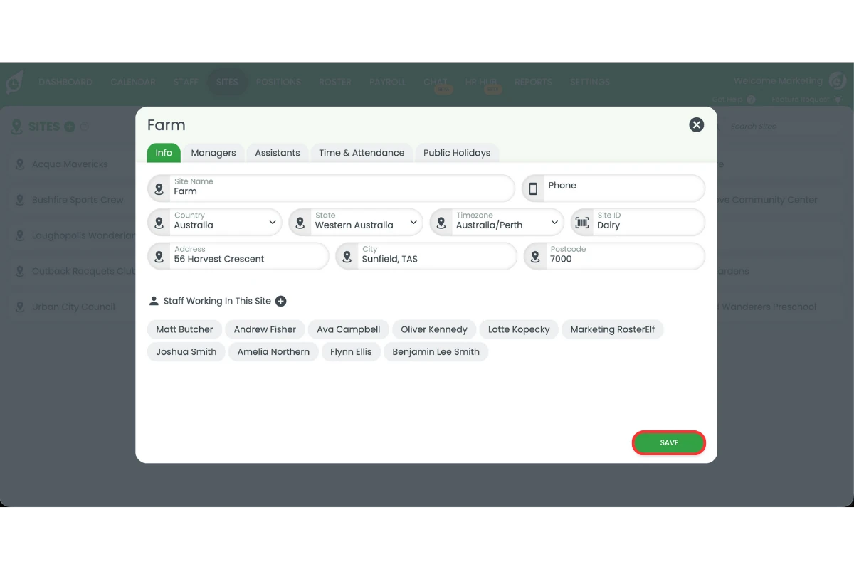 Save button to confirm site department code changes
