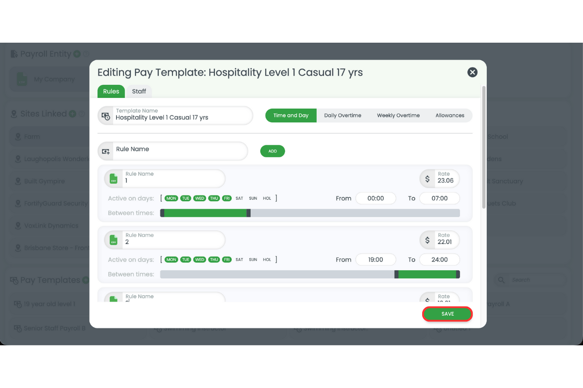 Save button to confirm payroll rule name changes
