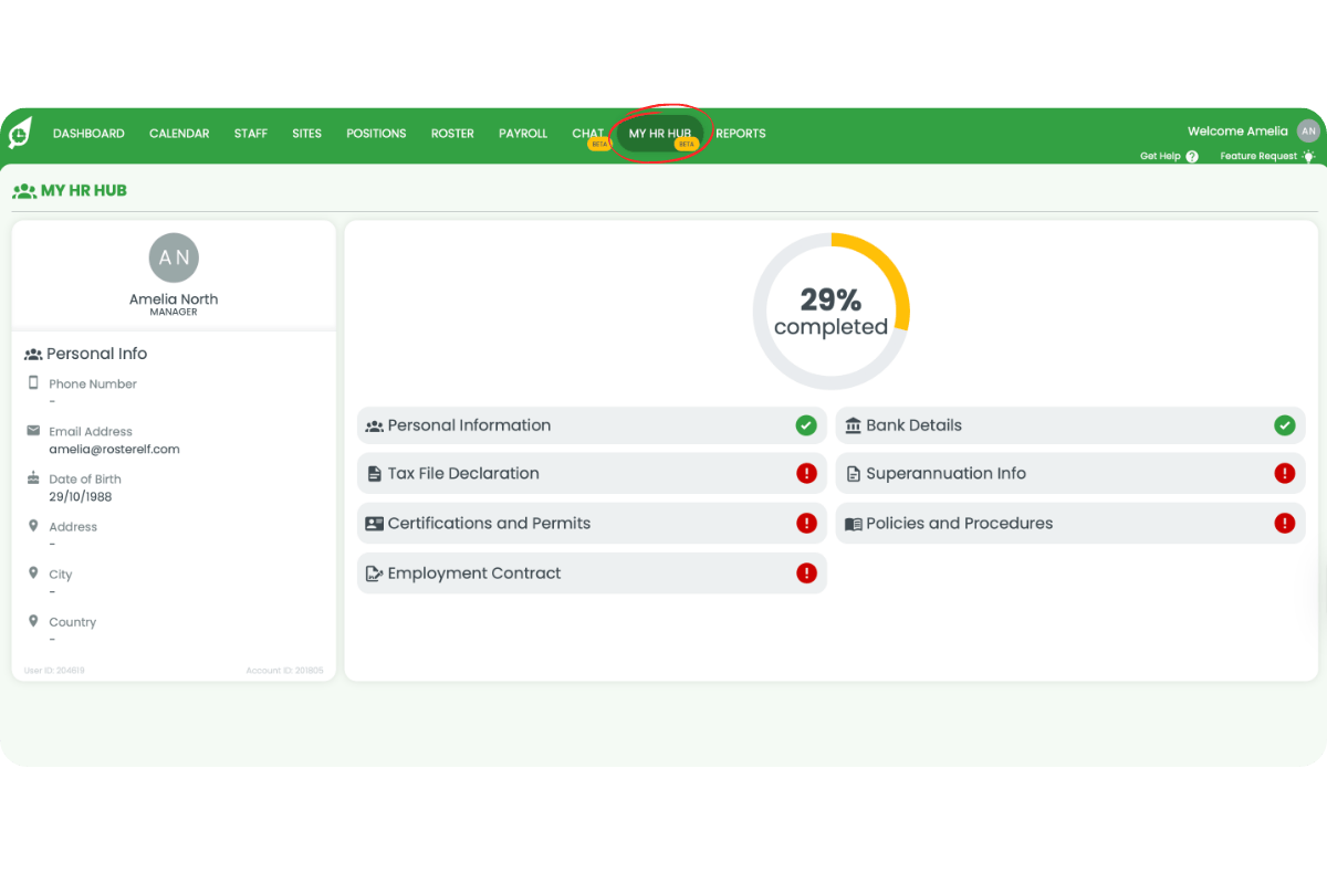Top navigation showing My HR Hub for staff and managers, and HR Hub dropdown for admins