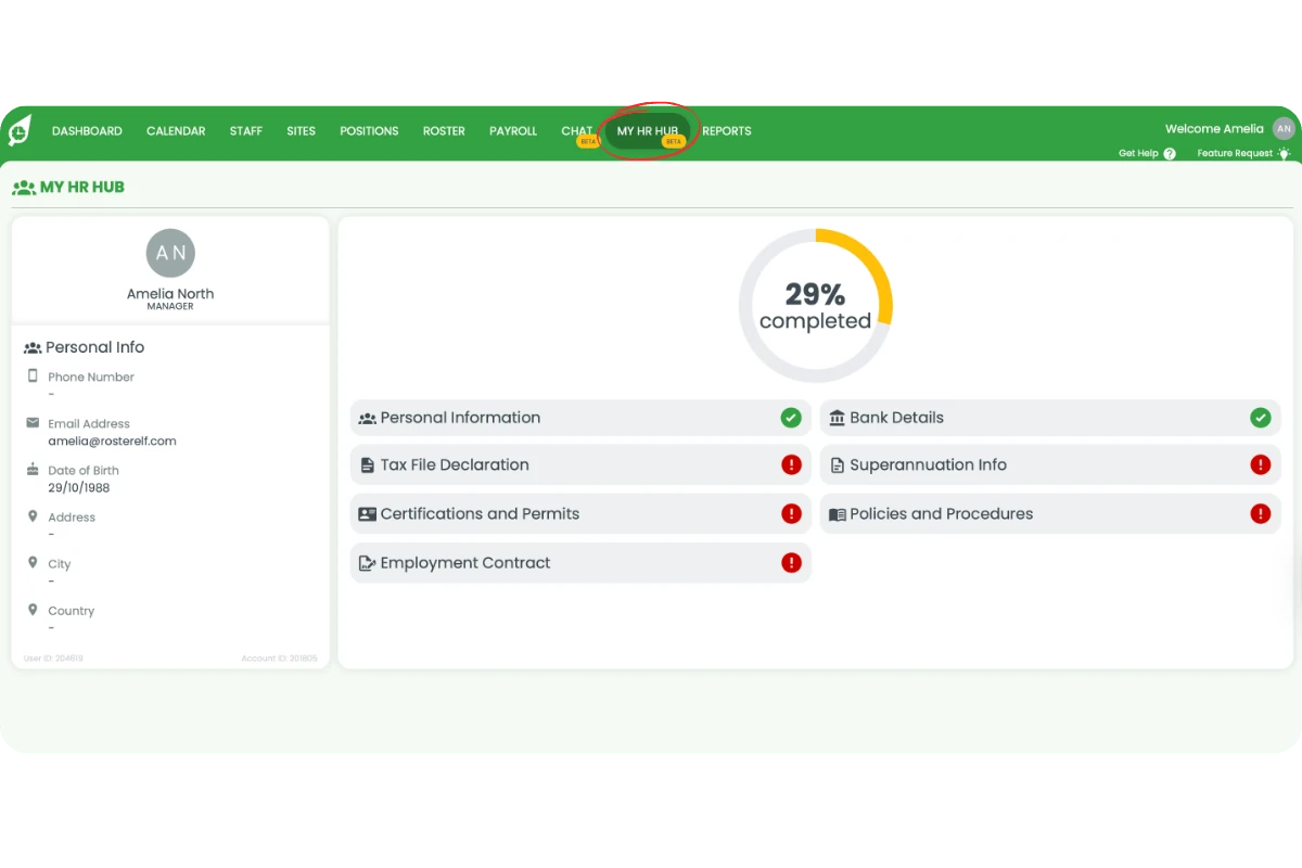 Top navigation showing My HR Hub for staff and managers, and HR Hub dropdown for admins