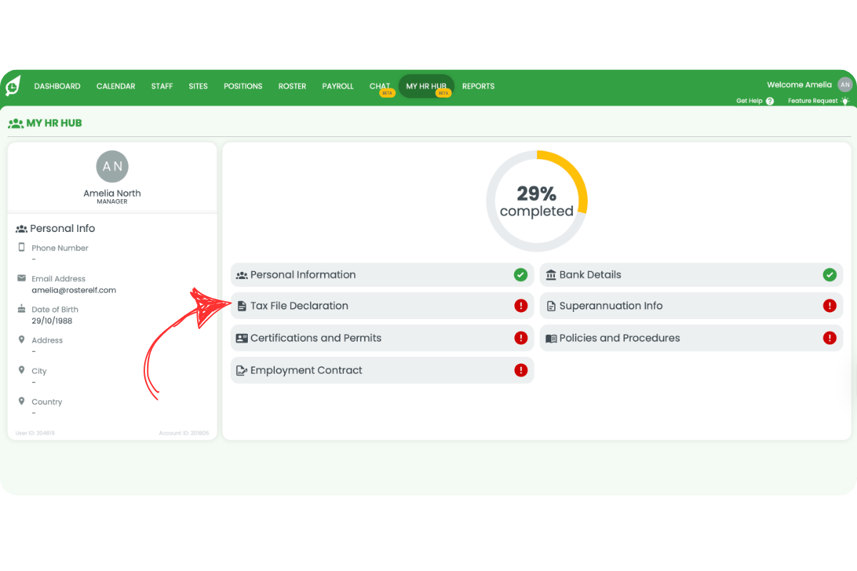 Tax File Declaration section with questions for TFN, pay basis, and residency status