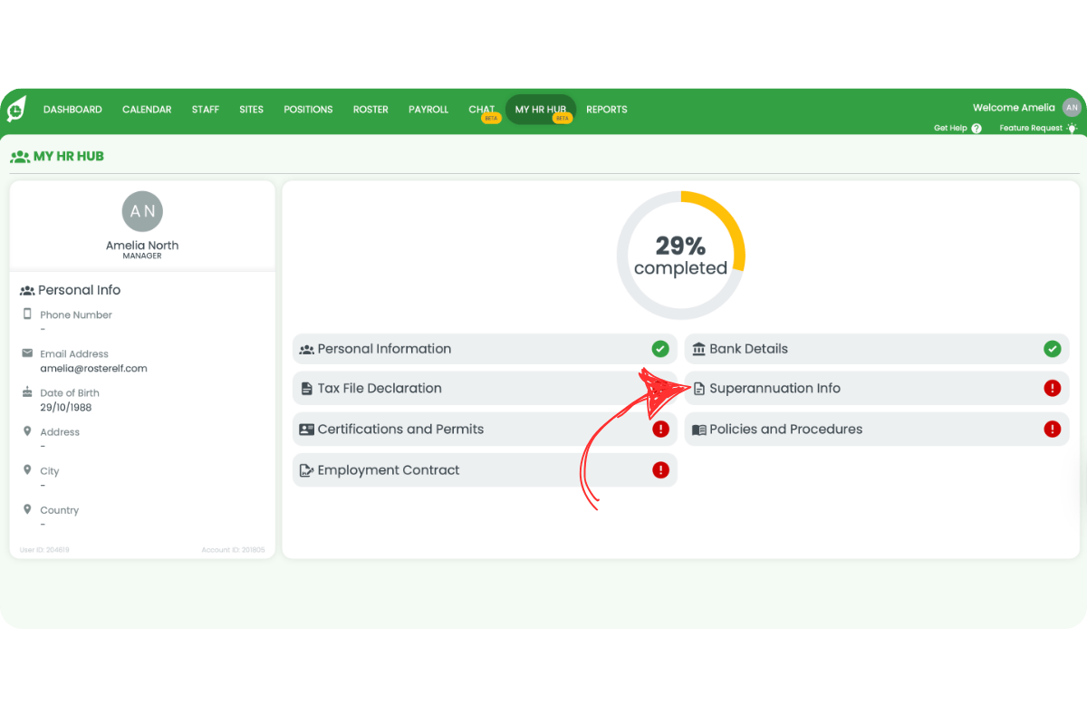 Superannuation Info section with eligibility confirmation and destination options