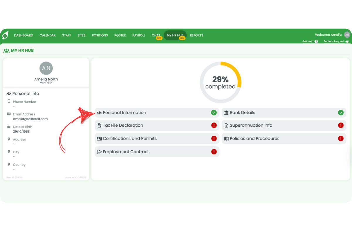 Personal Information form with fields for name, contact details, address, and emergency contact