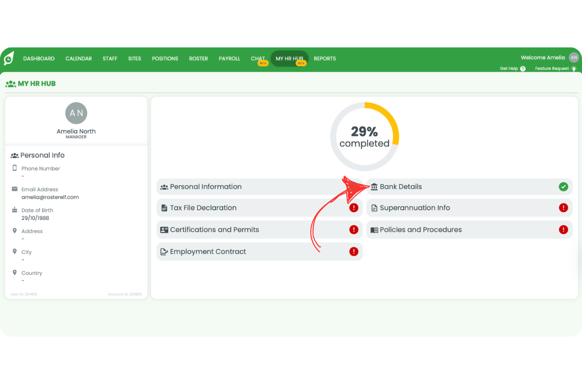 Bank Details form with fields for Account Name, BSB, and Account Number