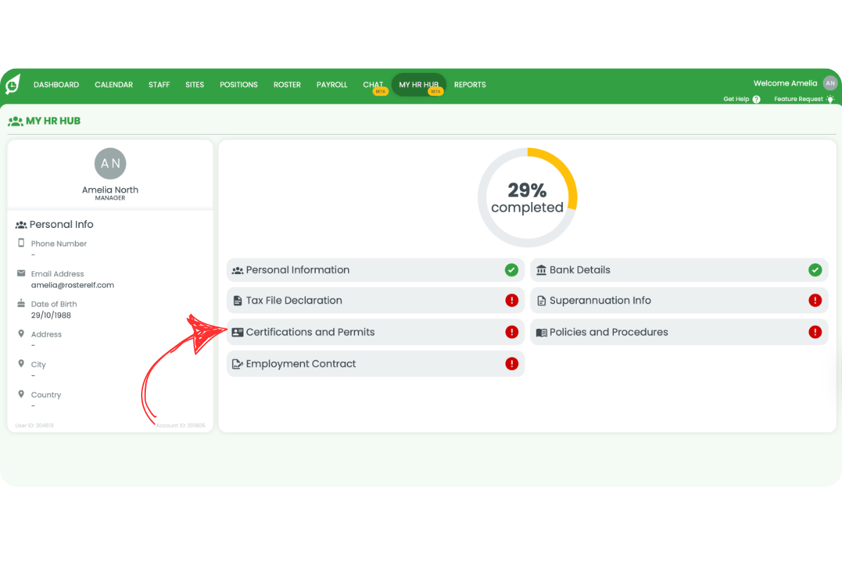 Certifications and Permits screen listing required items and their status