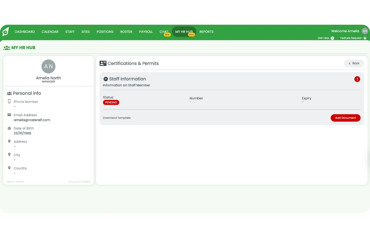 Add Document upload dialog for certifications with status change from Pending to Approved