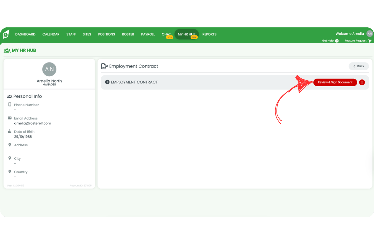 Contract preview with Review & Sign Document button