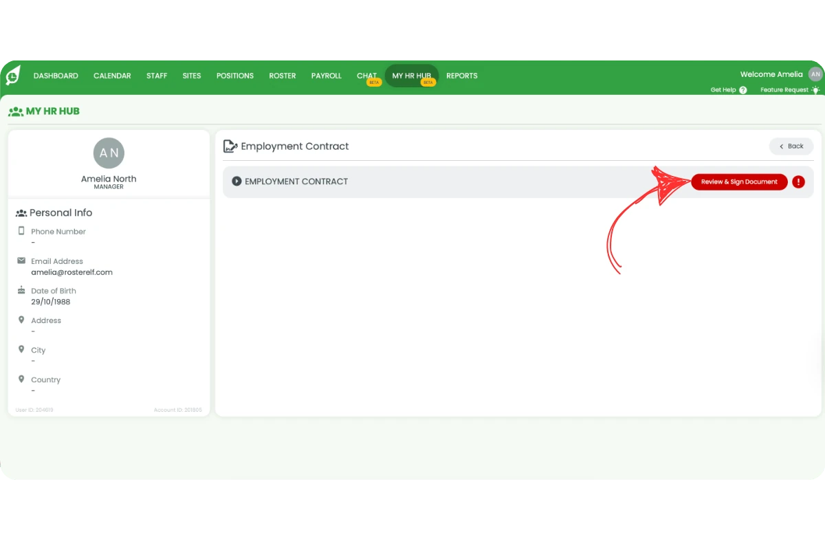 Contract preview with Review & Sign Document button