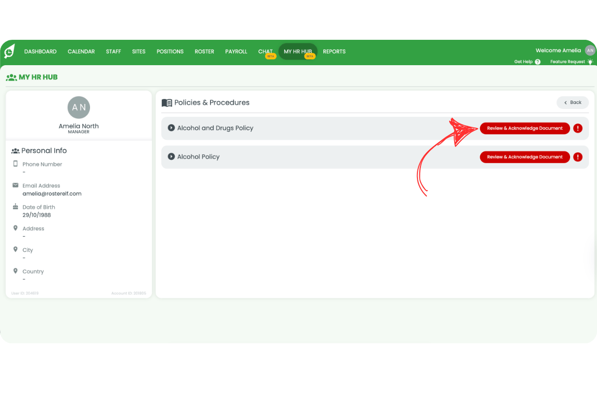 Policy card with Review & Acknowledge Document action button