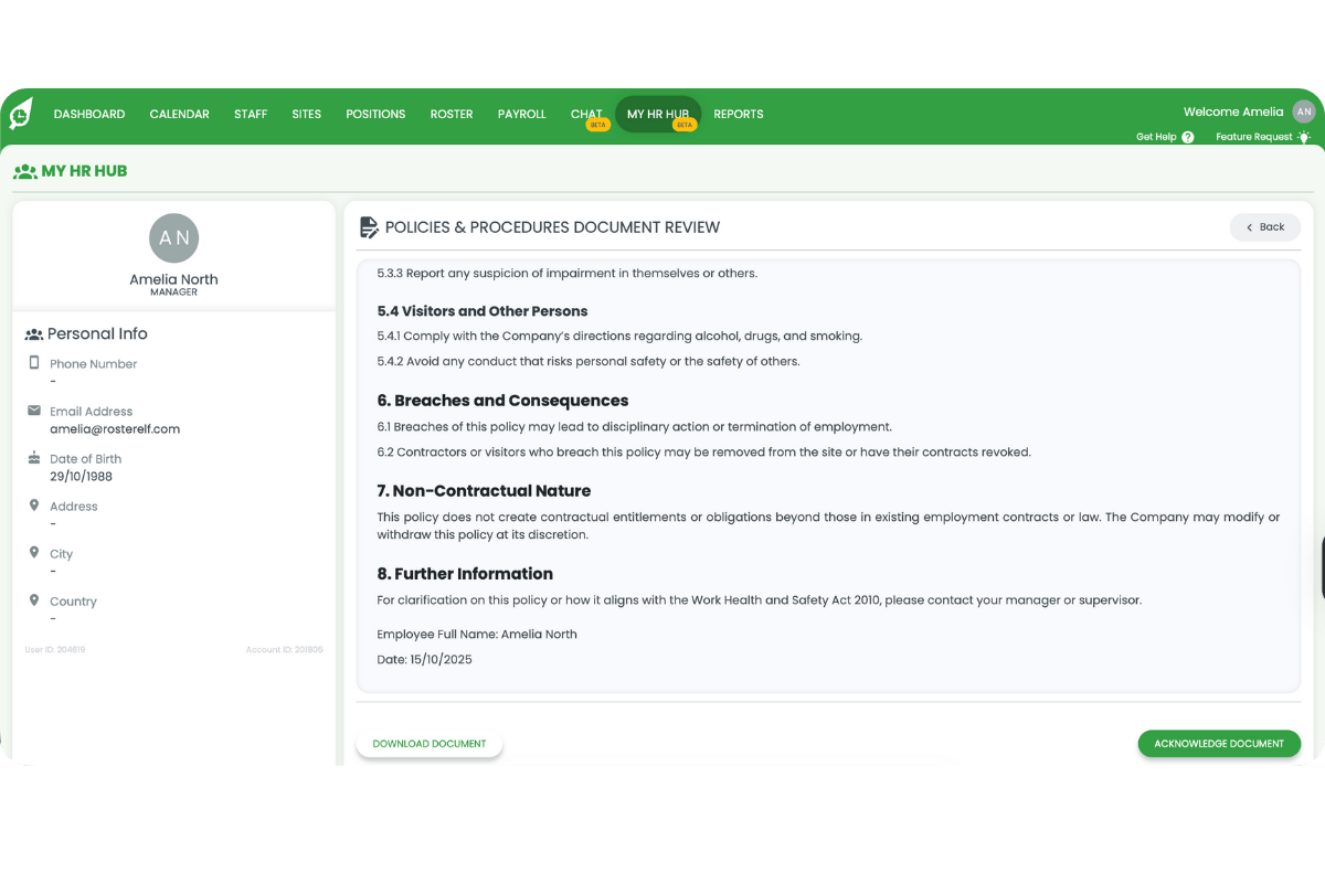 Policy viewer with Acknowledge Document and Download Document options