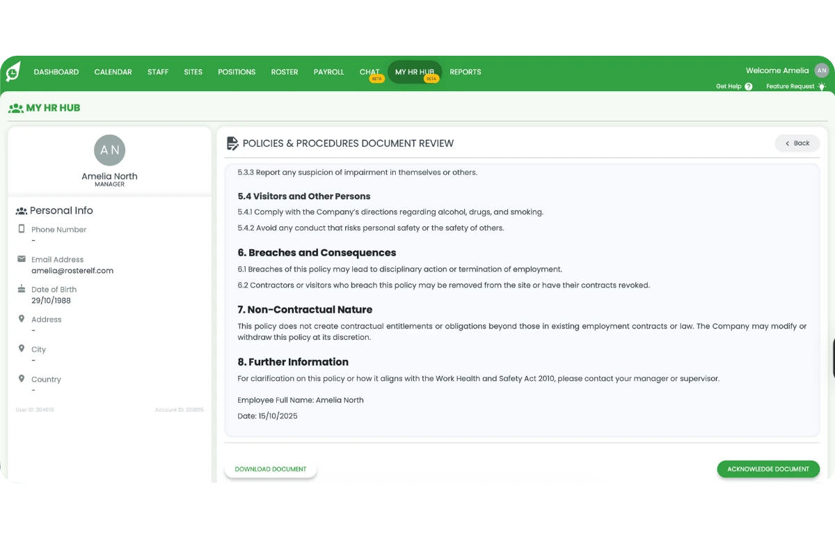 Policy viewer with Acknowledge Document and Download Document options