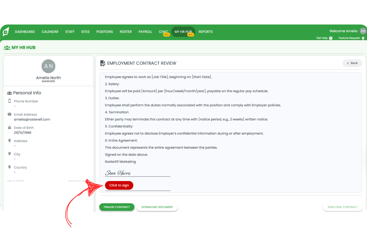 Contract viewer showing Click to Sign action