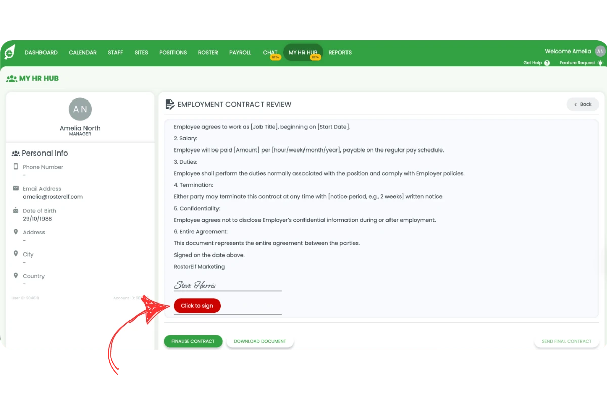 Contract viewer showing Click to Sign action