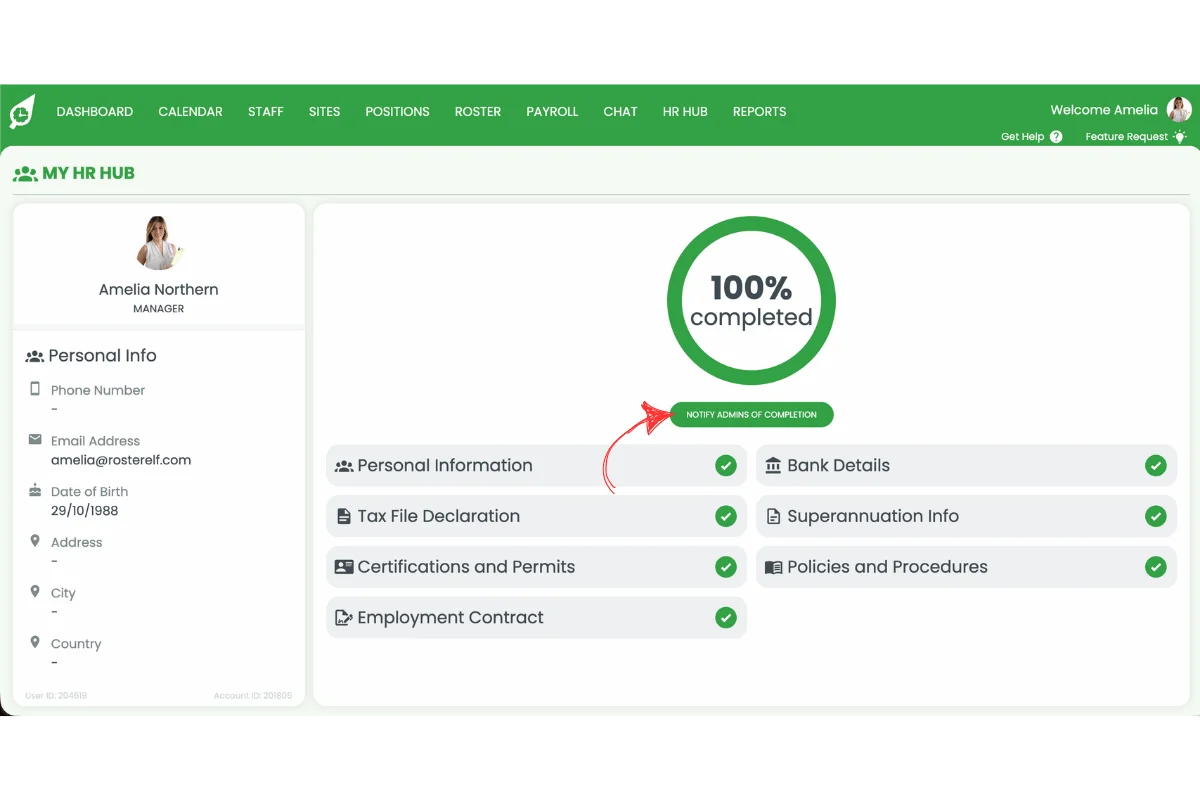 My HR Hub dashboard showing 100% completion with all green ticks and the Notify Admins of Completion button