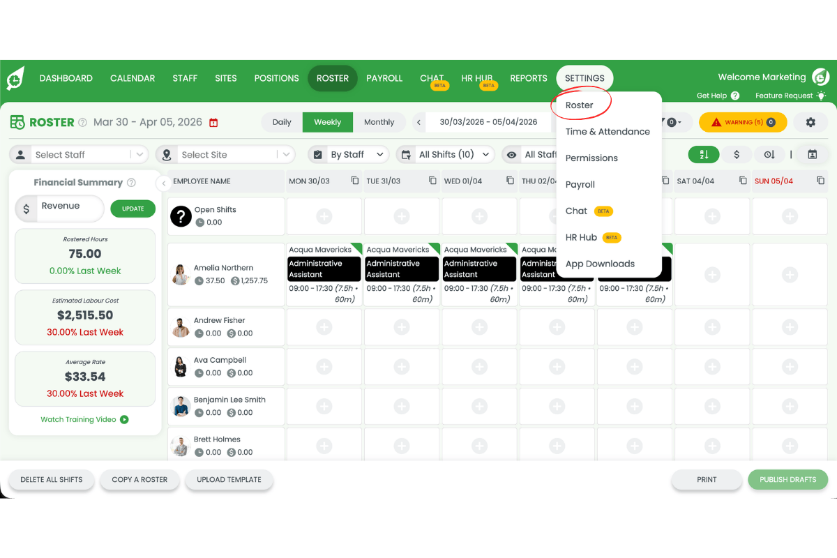 RosterElf dashboard with the Settings dropdown open and the Roster option highlighted