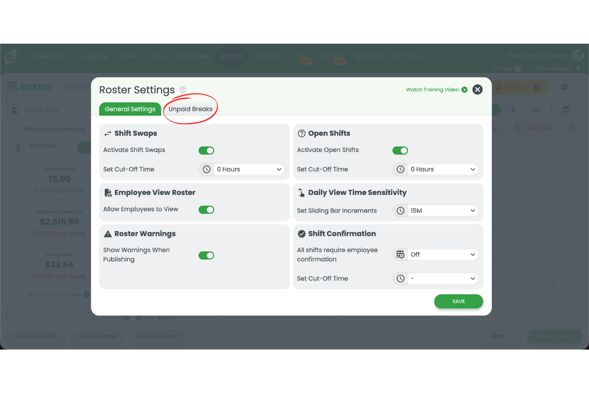 Roster Settings panel in RosterElf with the Unpaid Breaks tab highlighted
