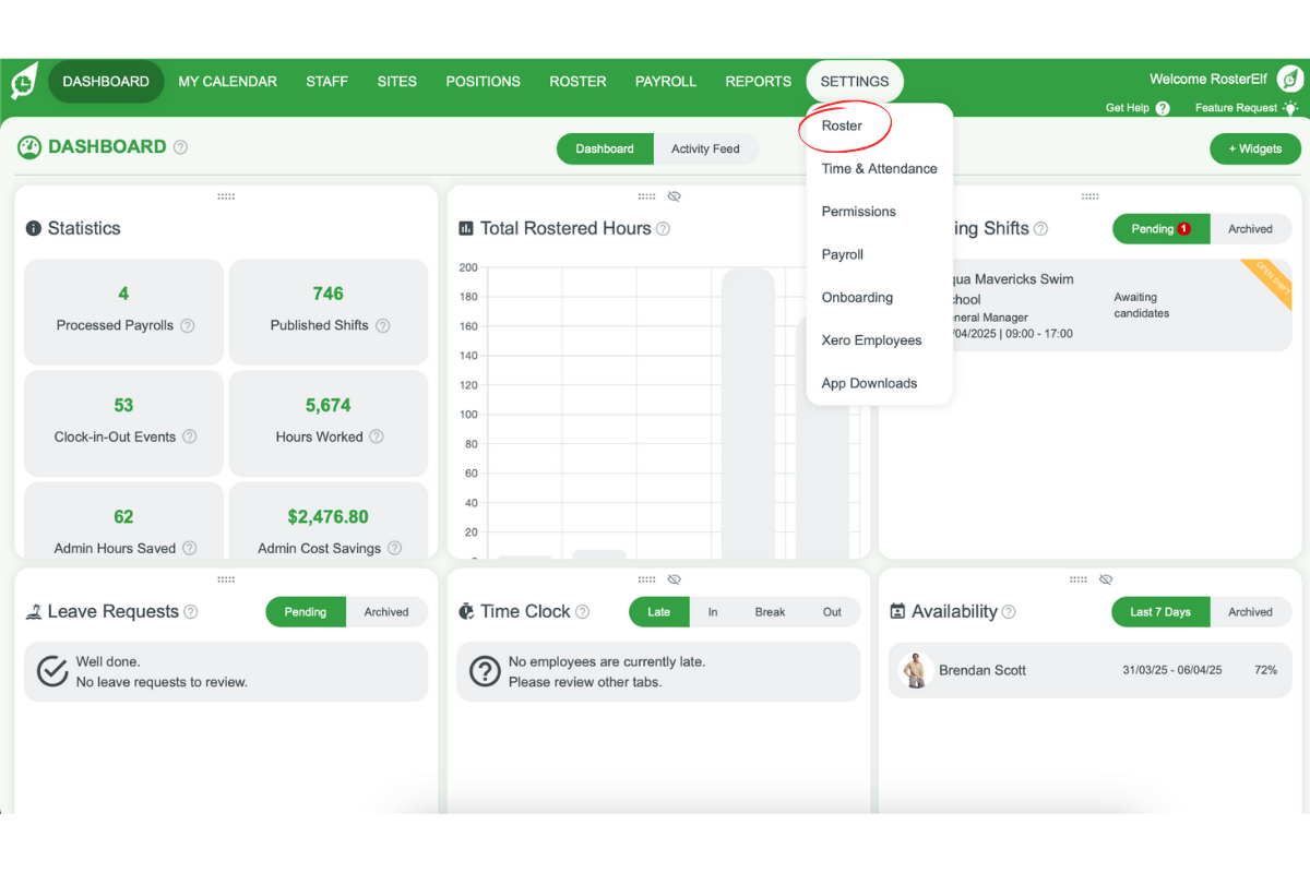 Screenshot of RosterElf settings menu with the Roster option selected