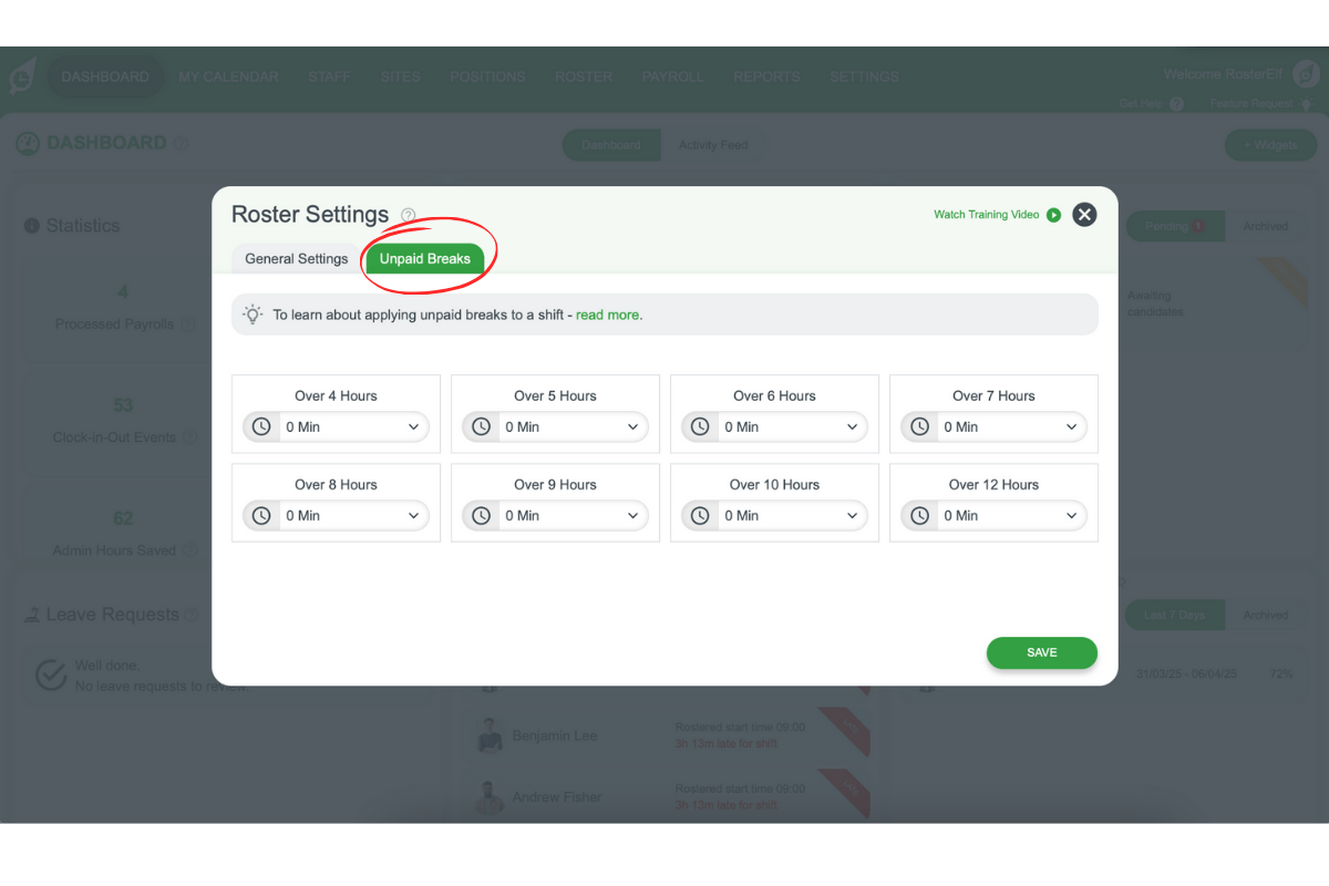 Screenshot showing the Unpaid Breaks tab in RosterElf's Roster Settings