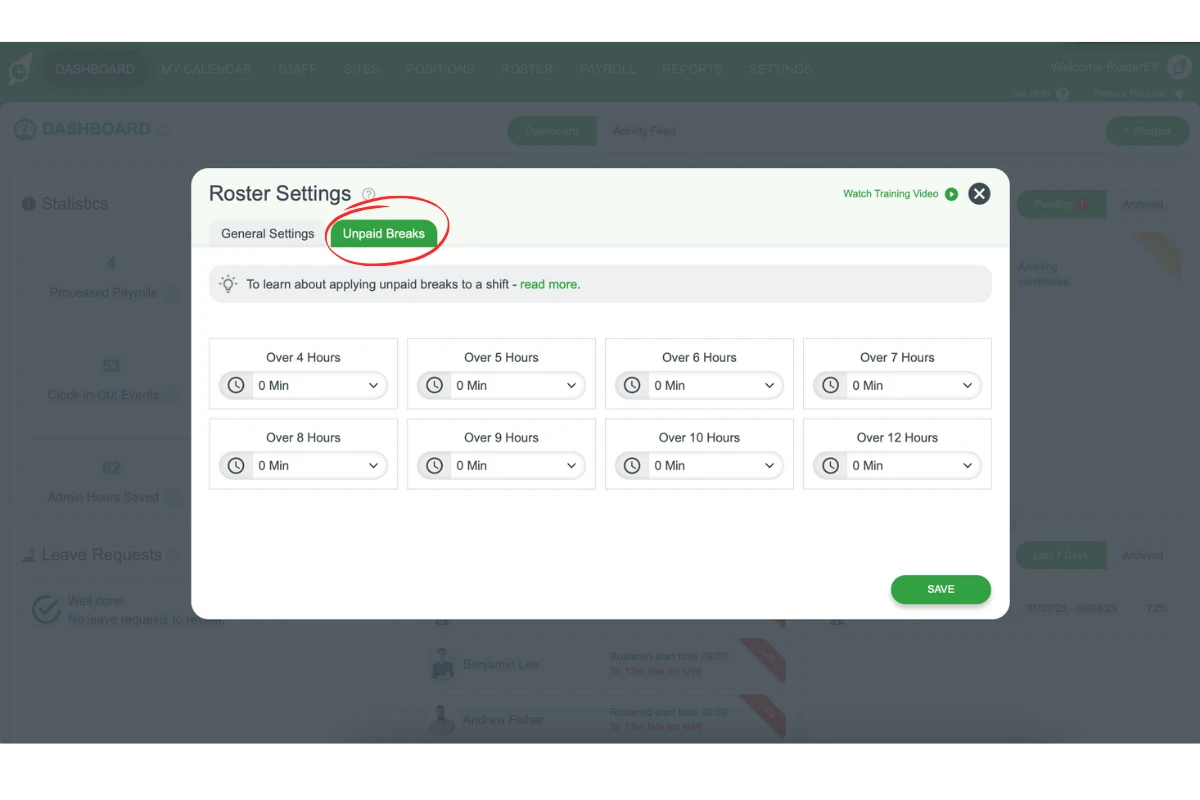 Screenshot showing the Unpaid Breaks tab in RosterElf's Roster Settings