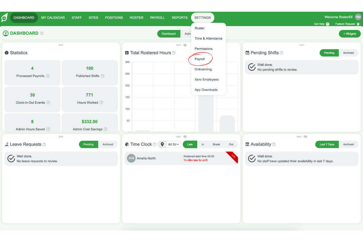 Screenshot showing the Settings tab selected with Payroll highlighted in RosterElf