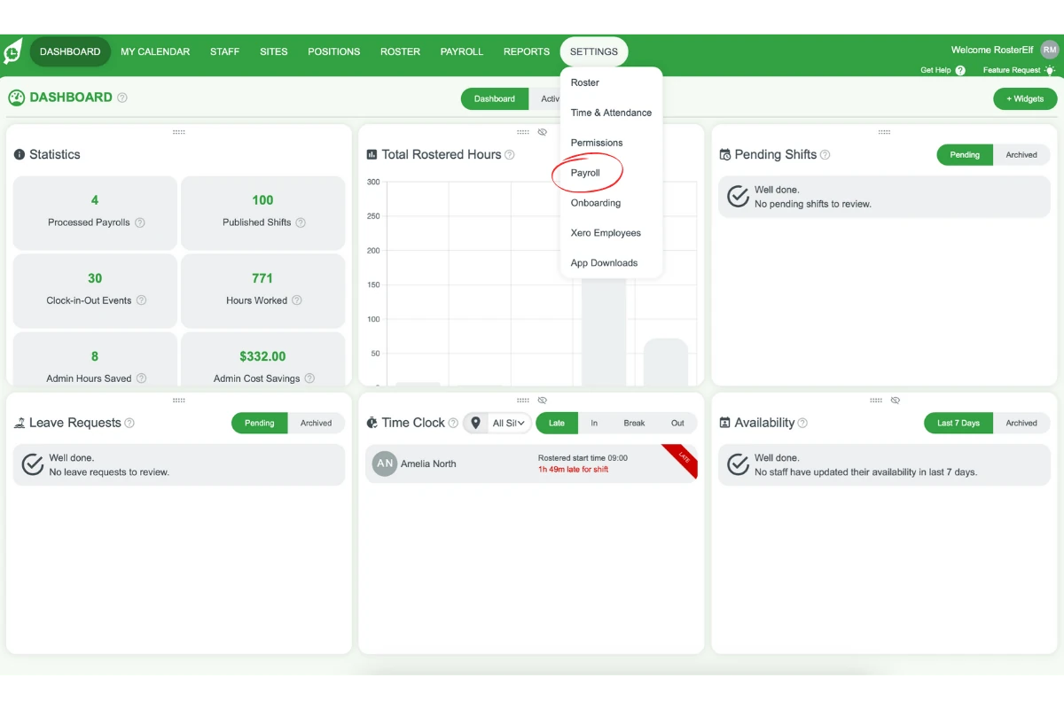 Screenshot showing the Settings tab selected with Payroll highlighted in RosterElf