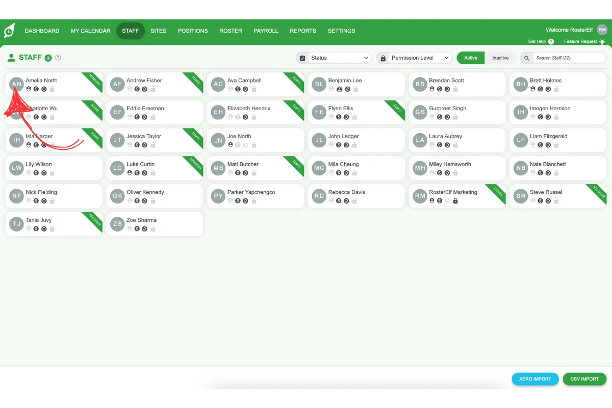 Screenshot showing the list of pay templates in RosterElf payroll settings