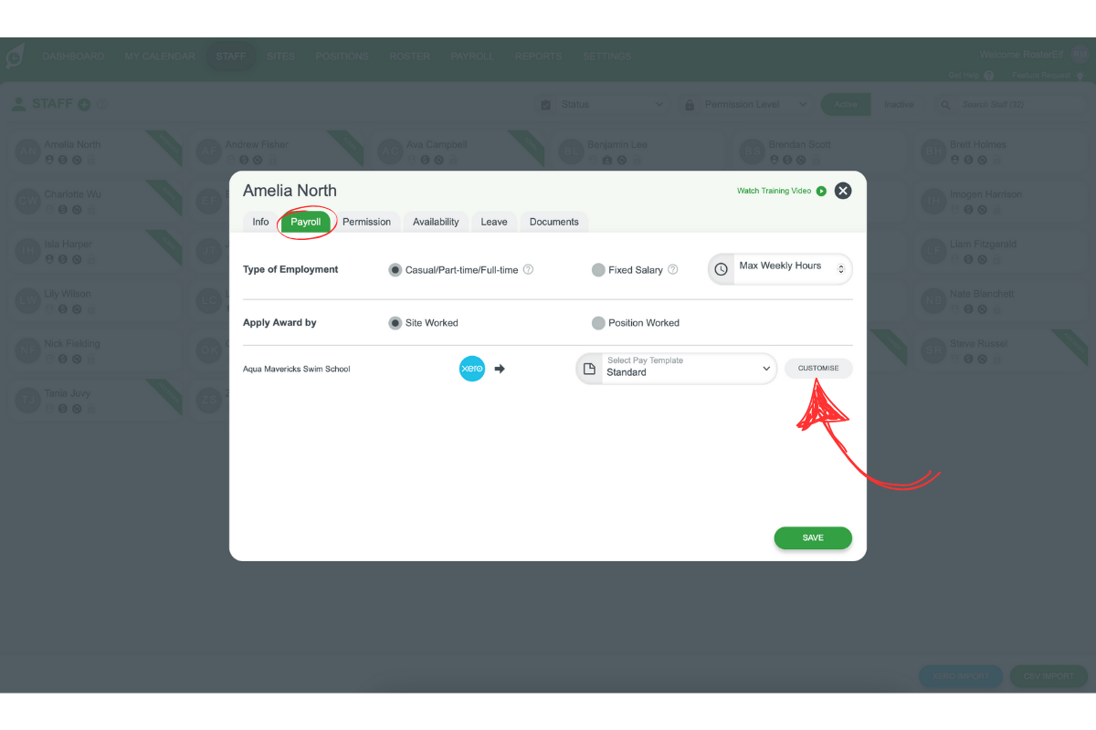 Screenshot showing the Allowances tab open inside a RosterElf pay template