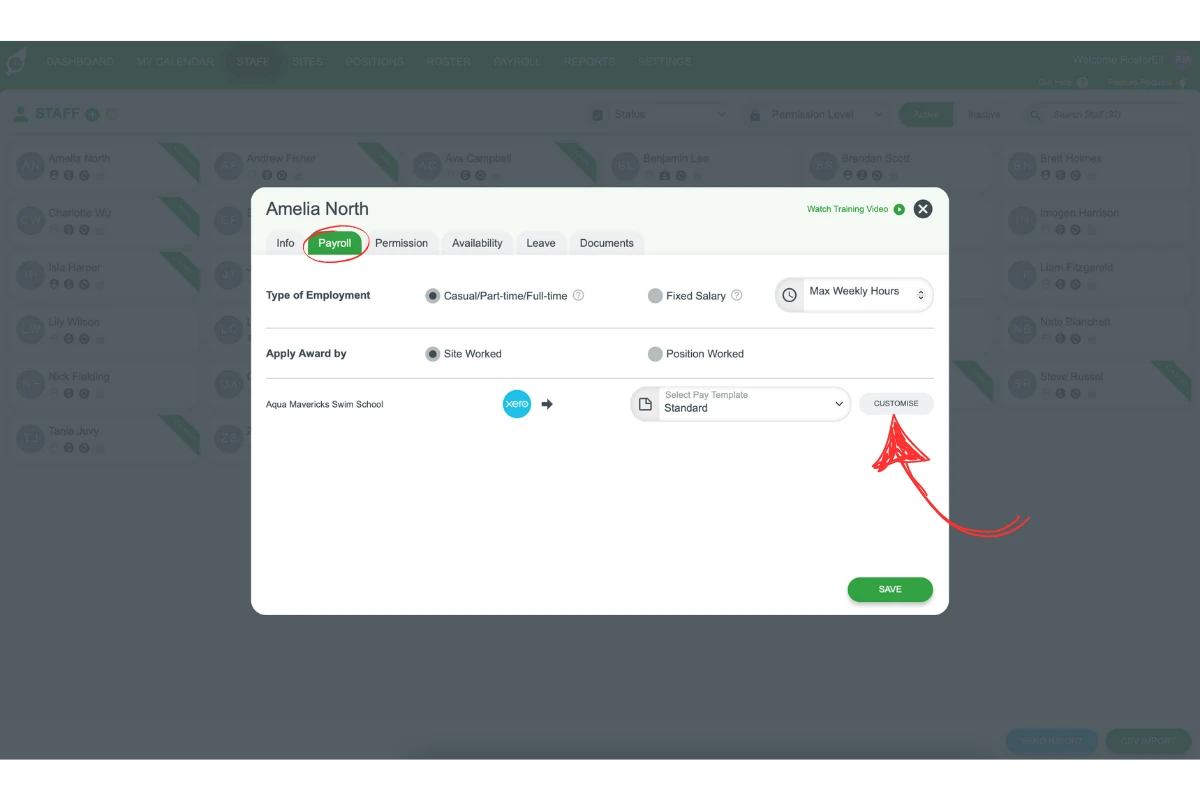 Screenshot showing the Allowances tab open inside a RosterElf pay template
